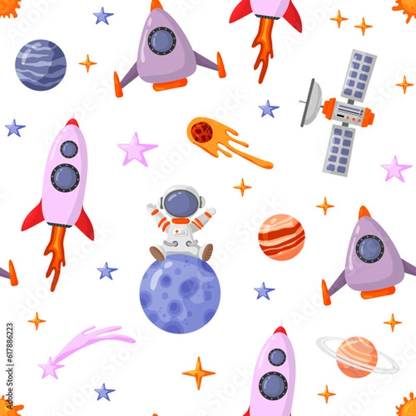 Obraz Astronaut and space seamless pattern with space elements. Seamless pattern for design, posters, backgrounds astronaut and space. Planet, comet, galaxy, alienships.
