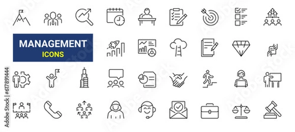Fototapeta Set of line icons teamwork in business management. Data Analysis. Outline icon collection. Editable stroke. Vector illustration