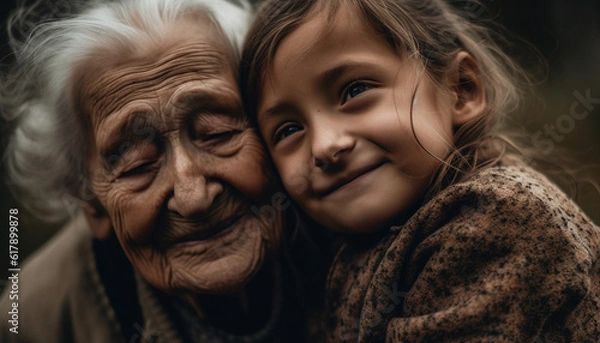 Fototapeta Multi generation family embracing outdoors, smiling with love and happiness generated by AI