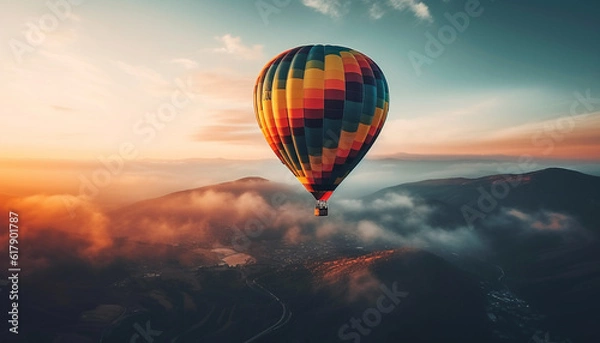 Fototapeta Gliding high up in the multi colored hot air balloon adventure generated by AI