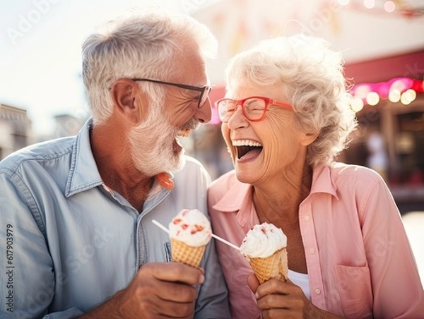 Fototapeta Beautiful sweet happy retired gray haired senior couple laughing, smiling, and eating ice cream in amusement park during festival. Generative AI