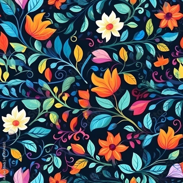 Fototapeta A seamless pattern featuring intricate and colorful floral elements such as flowers, leaves, and vines, creating a vibrant and nature-inspired design. Generative AI