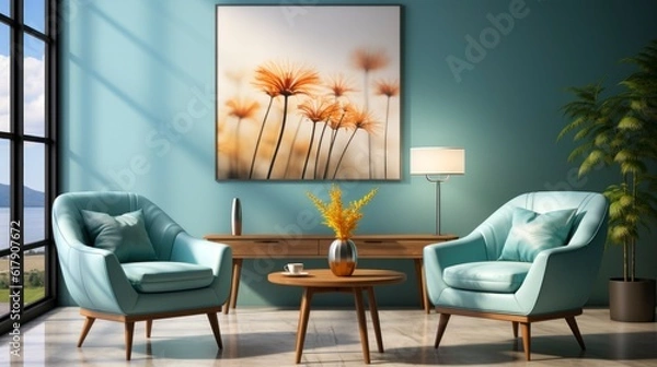 Fototapeta Home interior mock-up with turquoise armchairs, table and pampas, 3d render. Created with generative AI.