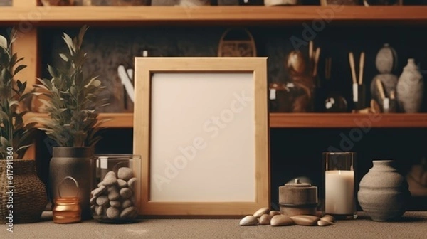 Fototapeta Mock up frame with minimal decor close up in home interior background. 3D render. Created with generative AI.