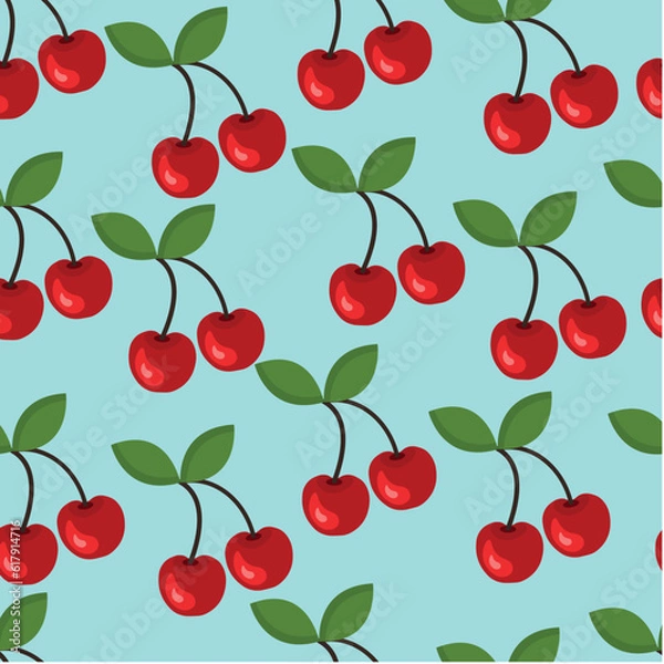 Fototapeta Pattern with red cherries or cherries on a blue background. Background for fabric, textile, wallpaper, packaging, photo printing, background, seamless texture