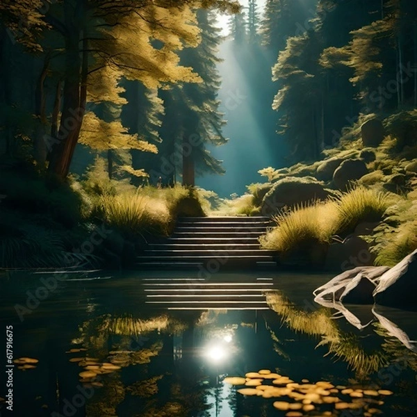 Fototapeta A lush, green forest with sunlight filtering through the trees