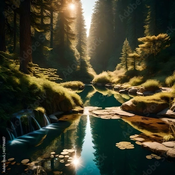 Fototapeta A lush, green forest with sunlight filtering through the trees