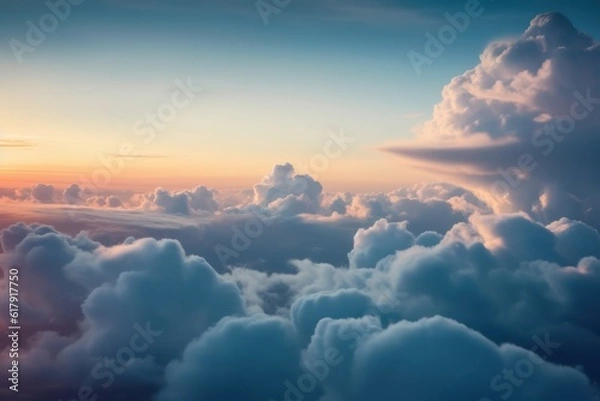 Fototapeta the view from the plane reveals white clouds at sunset. AI Generated