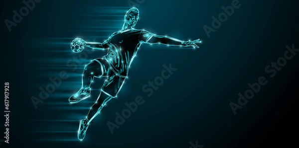 Fototapeta Abstract silhouette of a handball player on black background. Handball player man are throws the ball.