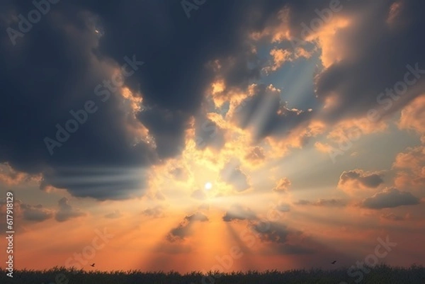Fototapeta the sun rays shining against the looming clouds. AI Generated