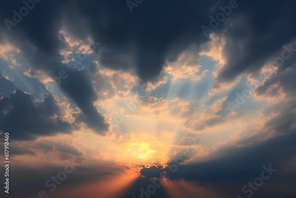 Fototapeta sunbeams through the clouds, the sun rays shining against the looming clouds. AI Generated