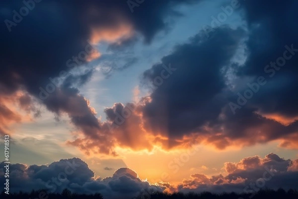 Fototapeta sunbeams through the clouds, the sun rays shining against the looming clouds. AI Generated