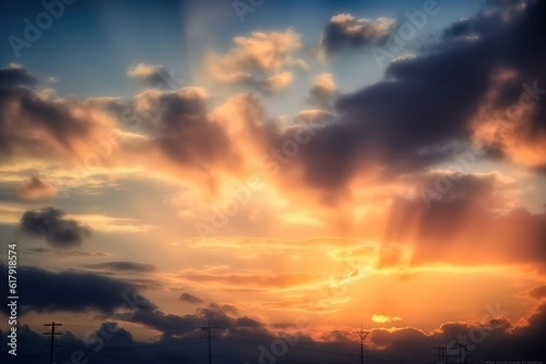 Fototapeta the sun rays shining against the looming clouds, sun rays coming down through a cloudy sky. AI Generated