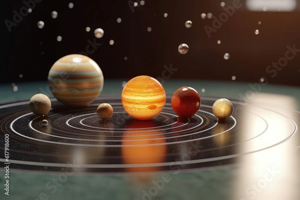 Fototapeta Celestial Spheres: An artistic depiction showcases a vibrant solar system with planets orbiting a central sun, amidst a starry cosmic backdrop.