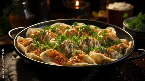 Fototapeta Traditional Turkish Manti in a bowl, close-up. Created with generative AI.