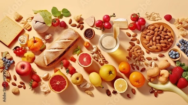 Fototapeta Healthy diet food, ingredients layout for cooking, keto products. Plant food. Banner with place for text. Minimalistic monochrome background. Generative AI