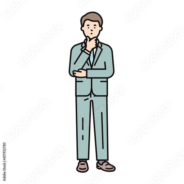 Fototapeta 顎に手を当てて疑問に思うスーツを着た男性のビジネスパーソンのイラスト素材