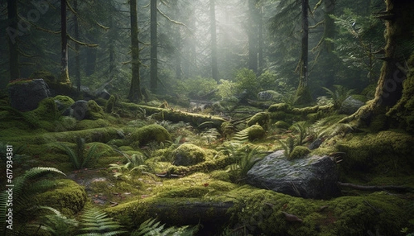 Fototapeta Tranquil scene of wet forest with green fern and coniferous tree generated by AI