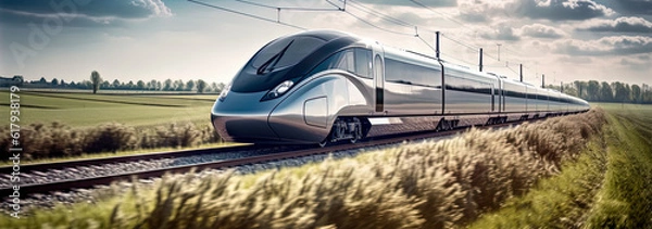 Fototapeta A high-speed train is driving at full speed in the countryside. AI-generated image