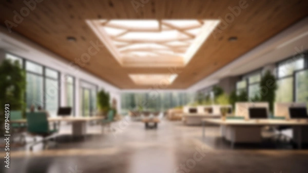 Fototapeta Blurred large modern office workspace in the morning , interior workplace with cityscape for business presentation background AI generated