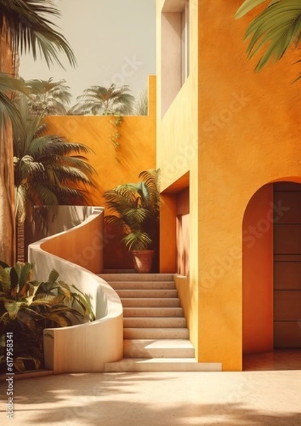 Fototapeta colorful mexican architecture on the beach, luis barragan regionalist style with vegetation and palm trees on the sides