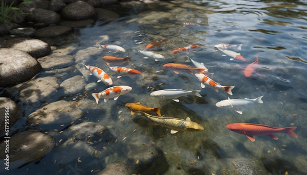 Fototapeta School of multi colored koi carp swim in tranquil pond generated by AI