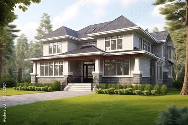Fototapeta State-of-the-art Layout, Green Siding, Natural Stone: Magnificent Freshly Built Home with Single Car Garage, generative AI