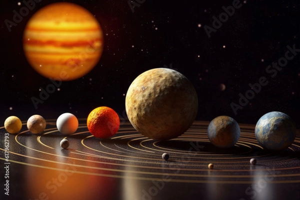 Fototapeta Solar System Array: An artistic visualization unveils the celestial ballet of the solar system, with planets poised in harmonious orbits against the cosmic backdrop.