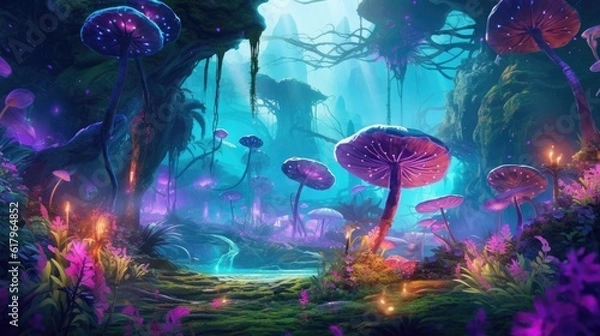 Fototapeta A purple Forest landscape with tree and flower