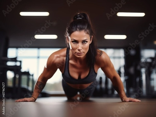 Fototapeta a beautiful athletic woman doing plank exercise and stretching herself on a yoga mat in a modern gym. Generative AI