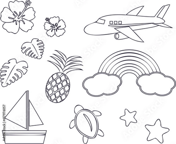 Fototapeta オシャレなモノトーンのリゾートイラスト素材セット