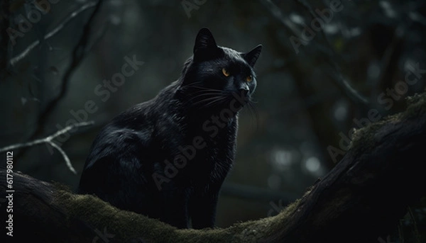 Fototapeta Cute kitten sitting on dark branch, staring at spooky forest generated by AI