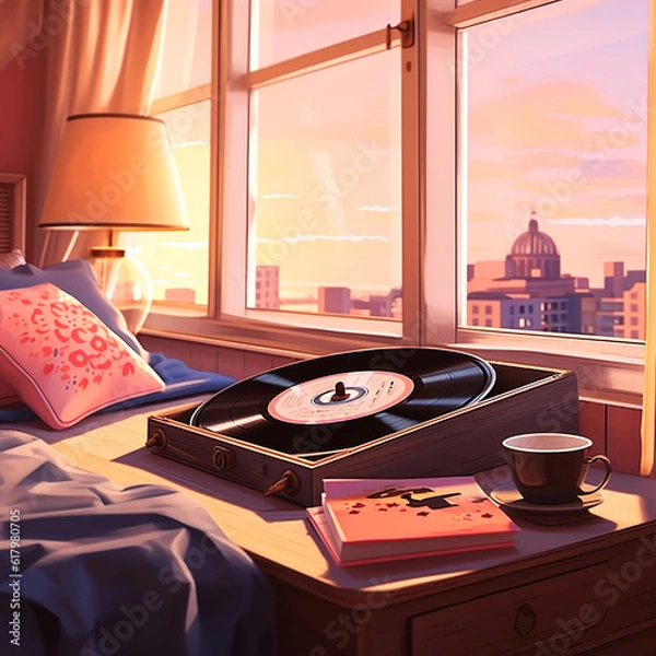 Fototapeta lofi bedroom and record player with window view of city