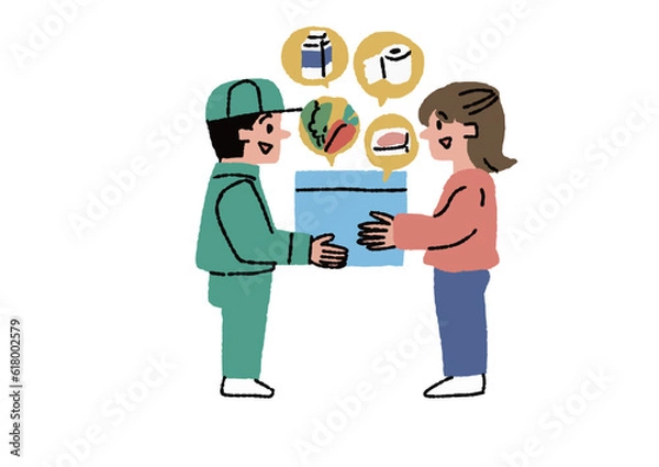 Fototapeta 配達員から荷物を受け取る主婦　調理キット配送サービス、お弁当宅配サービスに関するイラスト