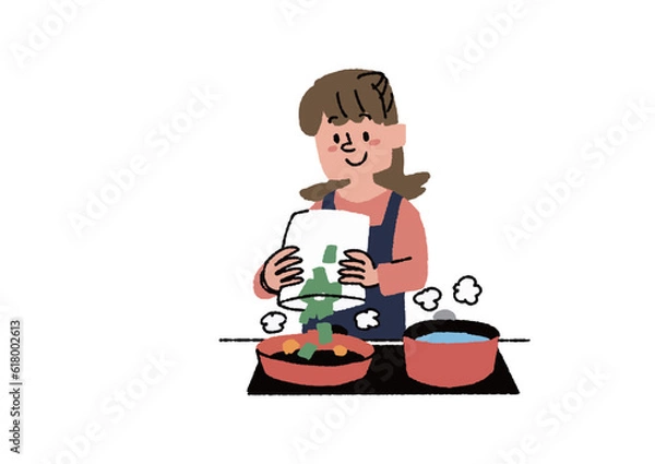 Fototapeta カット野菜を使って料理する主婦　調理キット配送サービス、お弁当宅配サービスに関するイラスト