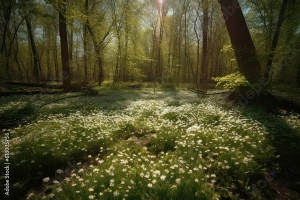 Obraz Spring forest with blooming wildflowers. Nature background