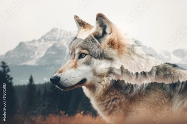 Fototapeta Portrait of a wolf on a background of mountains in the fog. Double exposure image.
