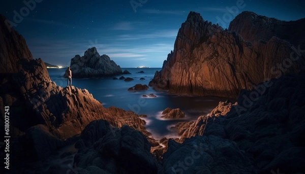 Obraz Idyllic mountain range illuminated by sunset majestic reflection on water generated by AI