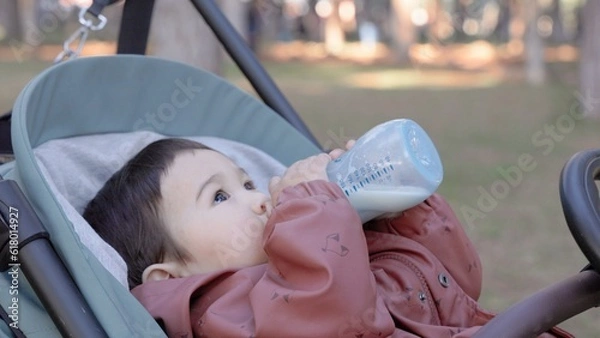 Obraz Asian baby drinks formula from a bottle while lying on the stroller in the park