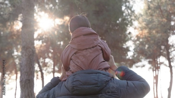 Obraz Back view of father carries the baby on his shoulders in the park