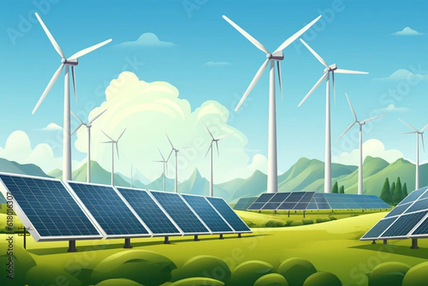 Fototapeta renewable energy background with green energy as wind turbines and solar panels