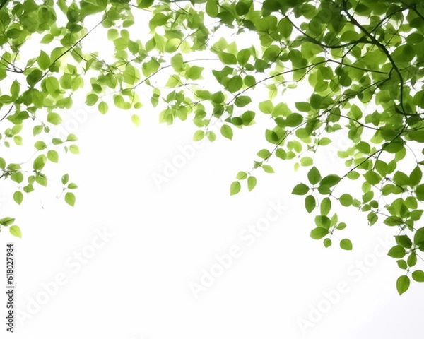 Fototapeta Delicate green leaves elegantly scattered among a pristine white background, evoking a sense of serenity and natural beauty. generative AI.
