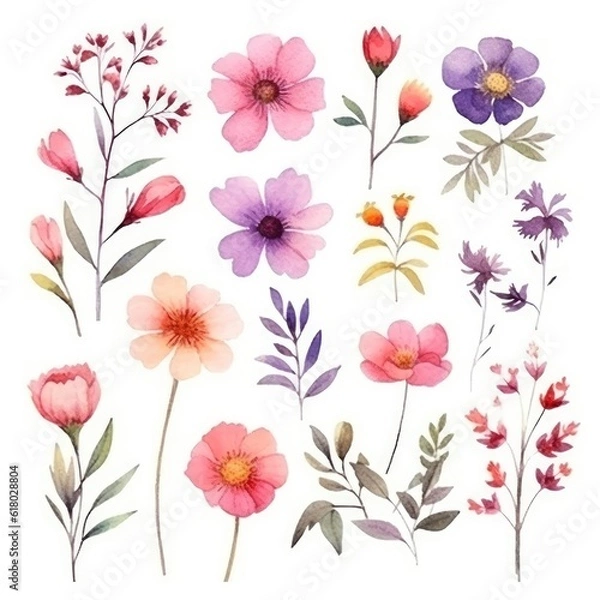 Fototapeta Watercolor flowers. Set Watercolor of multicolored colorful soft flowers. Flowers are isolated on a white background. Flowers pastel colors. generative ai