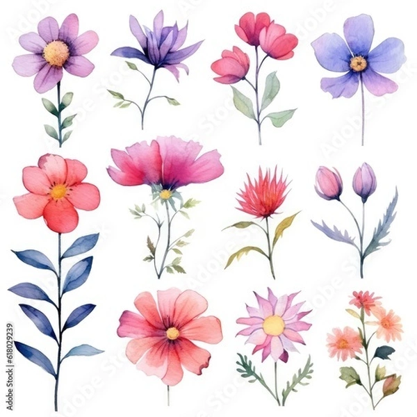 Fototapeta Watercolor flowers. Set Watercolor of multicolored colorful soft flowers. Flowers are isolated on a white background. Flowers pastel colors. generative ai