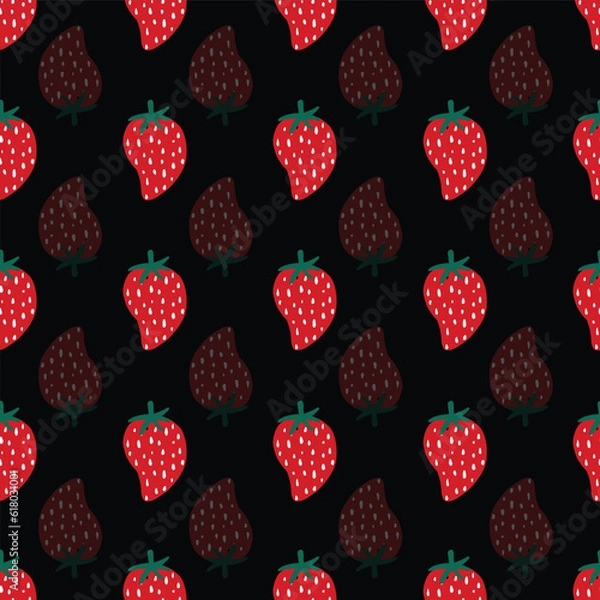 Fototapeta Red strawberry vector repeat pattern on black background