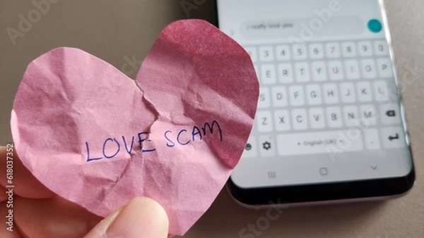 Fototapeta Love scam concept. A broken heart victim holding a crumpled heart with the words Love Scam written. Off focus background with a mobile phone message to the scammer 