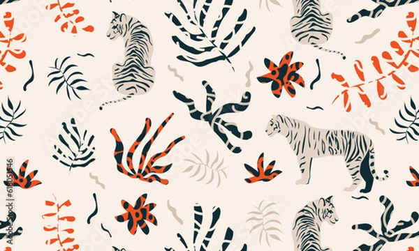 Fototapeta seamless pattern with tiger and leaves. Vector background pattern