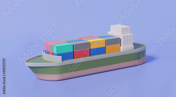 Obraz 3D isometric sealoading container ship delivery transport logistics service concept. Cargo ship import export Integrated warehousing and transportation service, maritime shipping, banner. 3d rendering