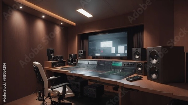 Fototapeta Photo of a state-of-the-art recording studio with professional sound equipment and a large screen for editing and playback
