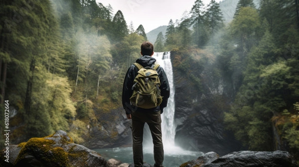 Fototapeta Young Man in Hiking Gear Standing on a Rock Looking Towards a Waterfall in a Conifer Forest